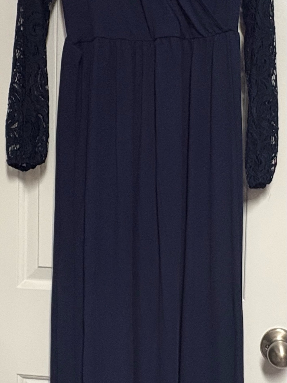 Navy Lace-Sleeve Long Dress
